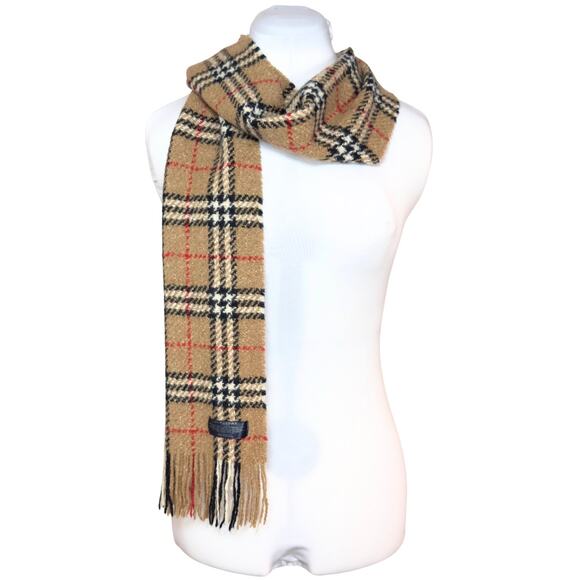 Burberry Scarf Wool House Check Houndstooth Plaid Brown Tan Red Fringe Angora - Picture 3 of 6